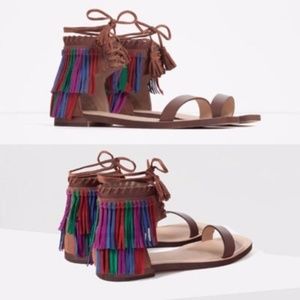 Zara Fringe Leather Ankle Strap Tassel Sandals Rai